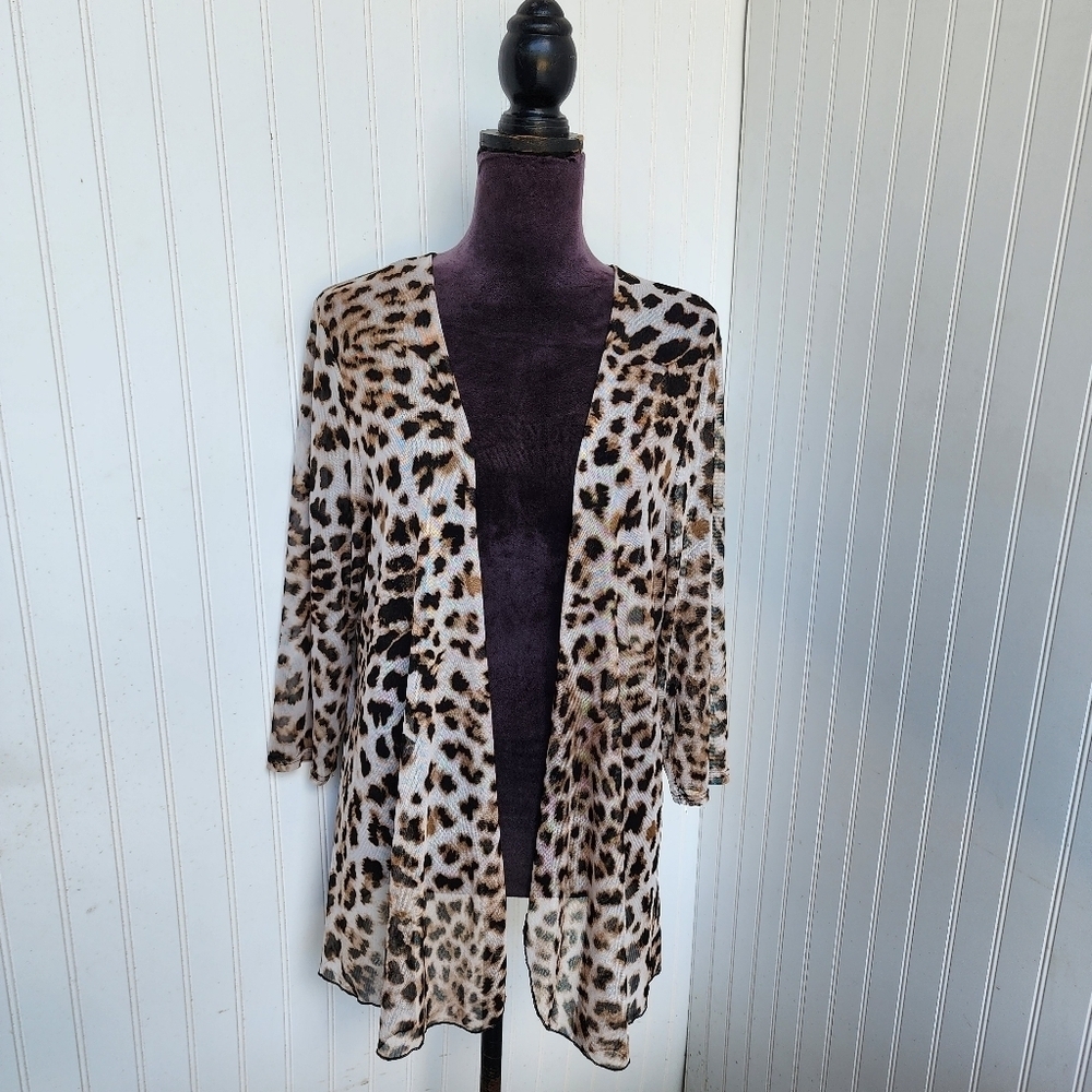 ASHLEY BLUE Women's Cover Up 3/4 Sleeve Open Front Animal Print Petite Mesh PL